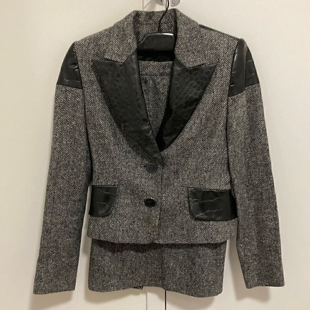Gai Mattiolo Jacket & Skirt Suit in Herringbone Wool Blend & Embossed Leather.